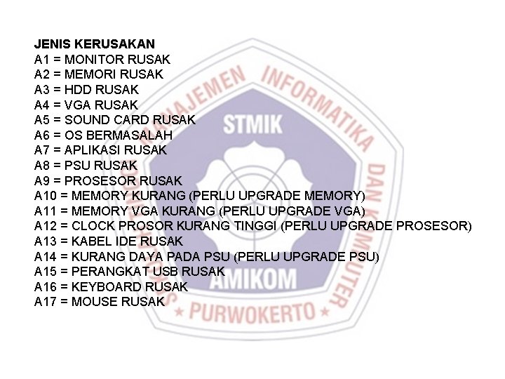 JENIS KERUSAKAN A 1 = MONITOR RUSAK A 2 = MEMORI RUSAK A 3