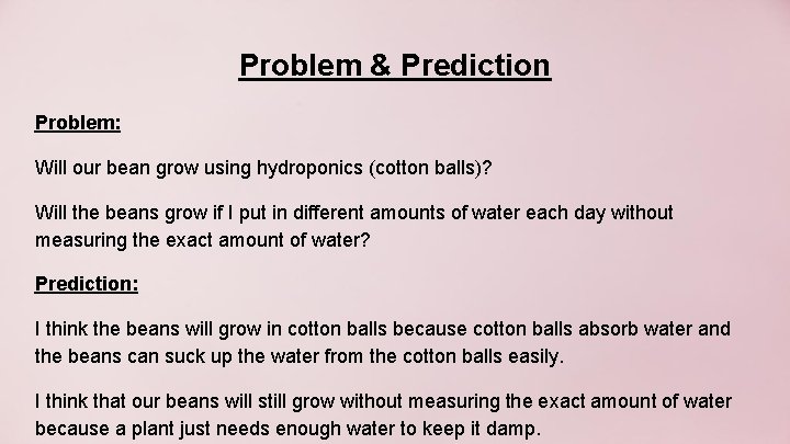 Problem & Prediction Problem: Will our bean grow using hydroponics (cotton balls)? Will the