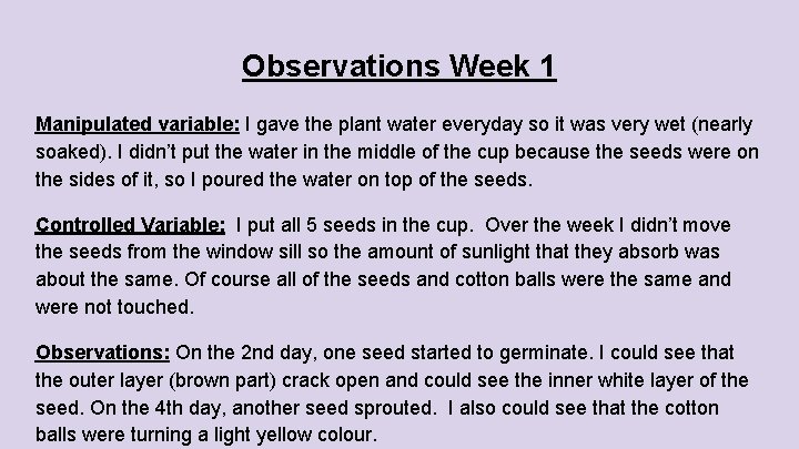 Observations Week 1 Manipulated variable: I gave the plant water everyday so it was