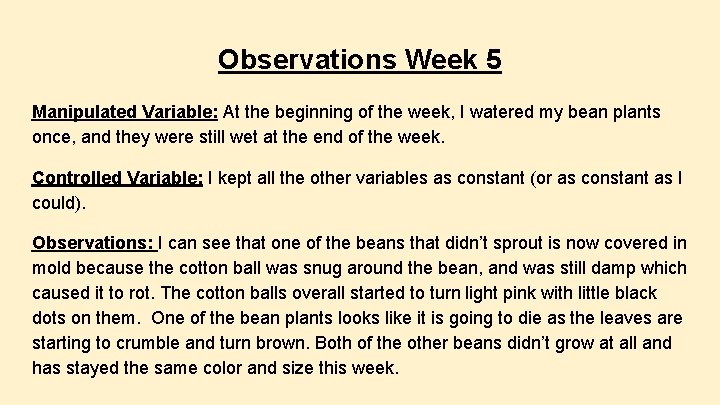 Observations Week 5 Manipulated Variable: At the beginning of the week, I watered my