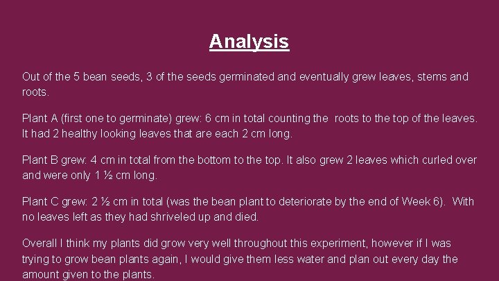 Analysis Out of the 5 bean seeds, 3 of the seeds germinated and eventually