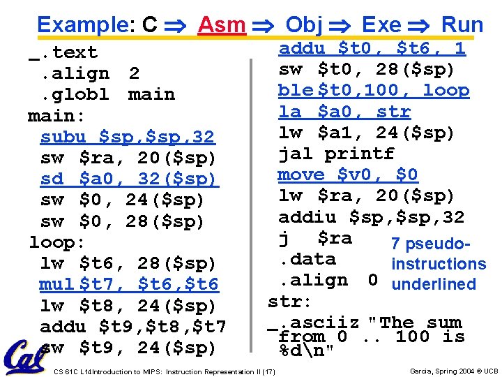 Example: C Asm Obj Exe Run. text. align 2. globl main: subu $sp, 32 Example: C Asm Obj Exe Run. text. align 2. globl main: subu $sp, 32