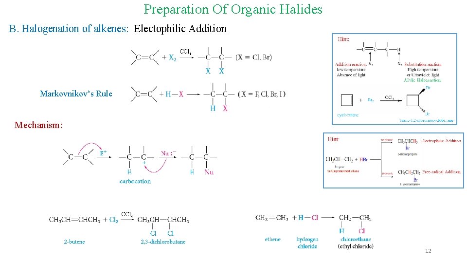 Preparation Of Organic Halides B. Halogenation of alkenes: Electophilic Addition CCl 4 Markovnikov’s Rule Preparation Of Organic Halides B. Halogenation of alkenes: Electophilic Addition CCl 4 Markovnikov’s Rule