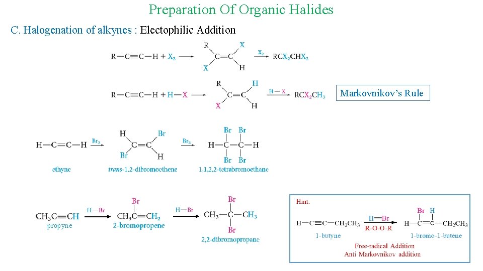 Preparation Of Organic Halides C. Halogenation of alkynes : Electophilic Addition Markovnikov’s Rule propyne Preparation Of Organic Halides C. Halogenation of alkynes : Electophilic Addition Markovnikov’s Rule propyne