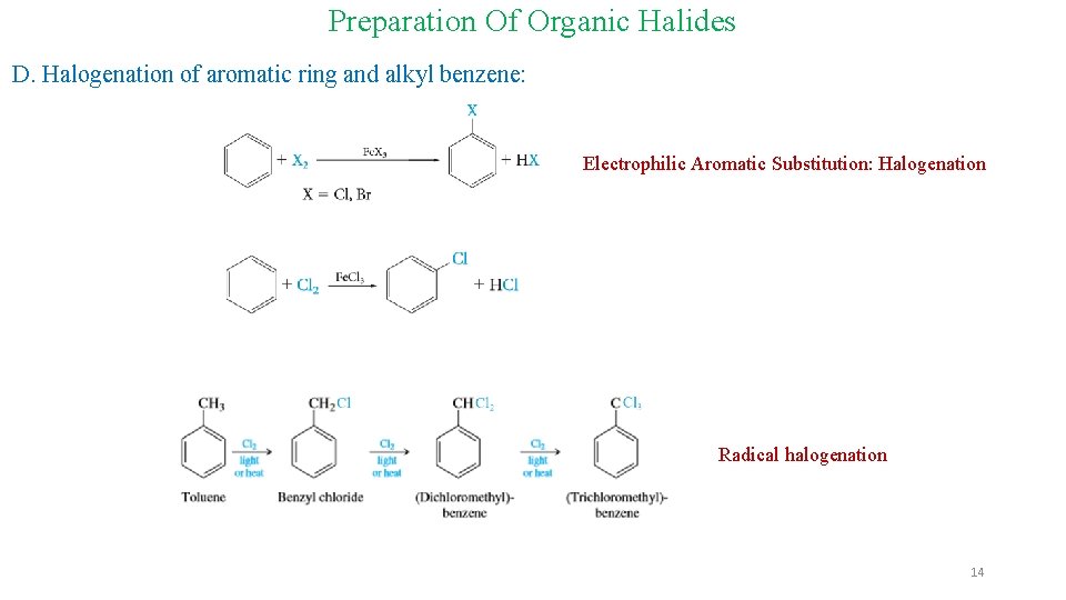Preparation Of Organic Halides D. Halogenation of aromatic ring and alkyl benzene: Electrophilic Aromatic Preparation Of Organic Halides D. Halogenation of aromatic ring and alkyl benzene: Electrophilic Aromatic
