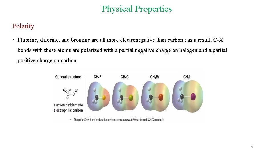 Physical Properties Polarity • Fluorine, chlorine, and bromine are all more electronegative than carbon Physical Properties Polarity • Fluorine, chlorine, and bromine are all more electronegative than carbon