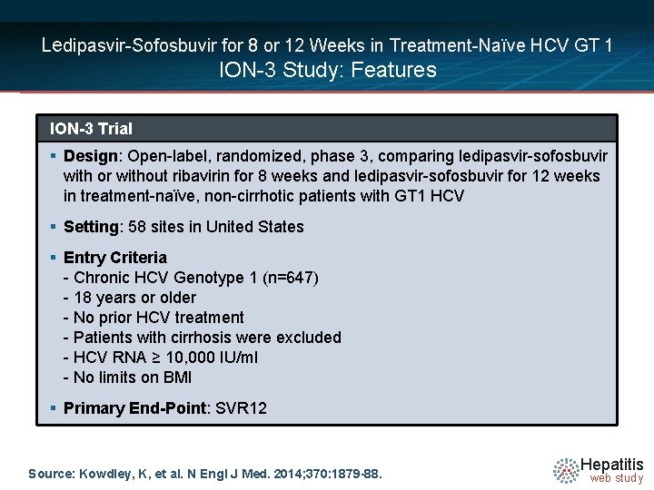 Ledipasvir-Sofosbuvir for 8 or 12 Weeks in Treatment-Naïve HCV GT 1 ION-3 Study: Features