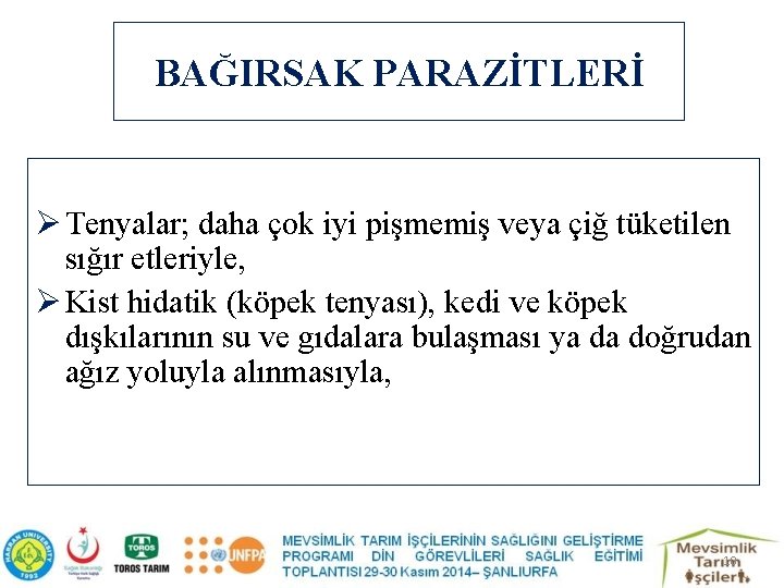 BAĞIRSAK PARAZİTLERİ Ø Tenyalar; daha çok iyi pişmemiş veya çiğ tüketilen sığır etleriyle, Ø