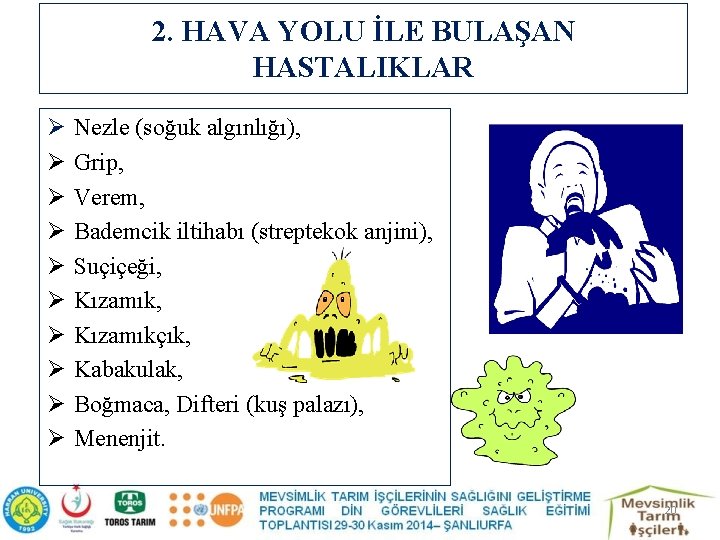 2. HAVA YOLU İLE BULAŞAN HASTALIKLAR Ø Ø Ø Ø Ø Nezle (soğuk algınlığı),