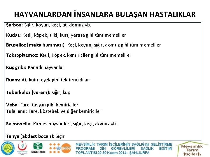 HAYVANLARDAN İNSANLARA BULAŞAN HASTALIKLAR Şarbon: Sığır, koyun, keçi, at, domuz vb. Kuduz: Kedi, köpek,