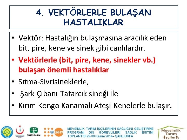 4. VEKTÖRLERLE BULAŞAN HASTALIKLAR • Vektör: Hastalığın bulaşmasına aracılık eden bit, pire, kene ve