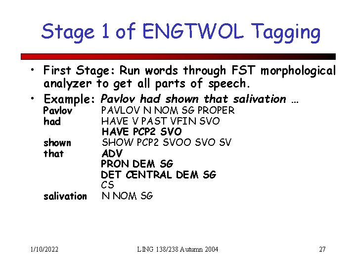 Stage 1 of ENGTWOL Tagging • First Stage: Run words through FST morphological analyzer