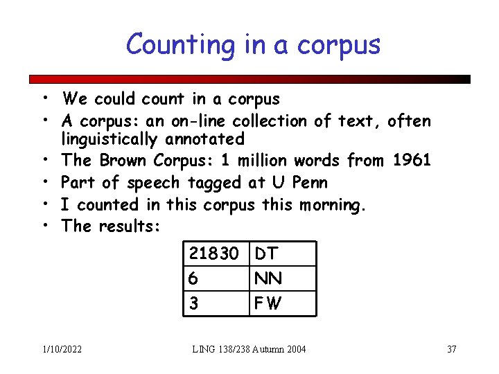 Counting in a corpus • We could count in a corpus • A corpus: