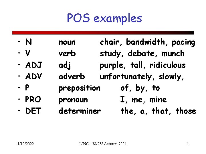 POS examples • • N V ADJ ADV P PRO DET 1/10/2022 noun chair,