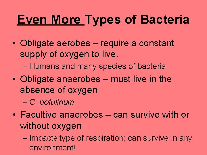 Even More Types of Bacteria • Obligate aerobes – require a constant supply of