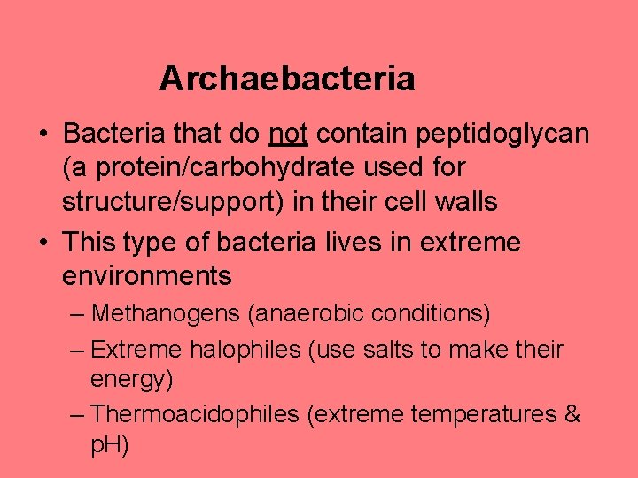 Archaebacteria • Bacteria that do not contain peptidoglycan (a protein/carbohydrate used for structure/support) in