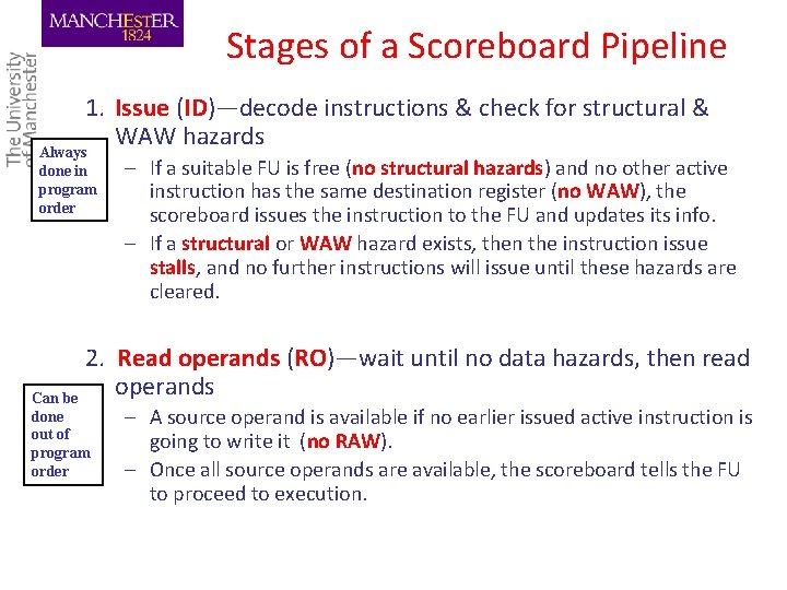 Stages of a Scoreboard Pipeline 1. Issue (ID)—decode instructions & check for structural &