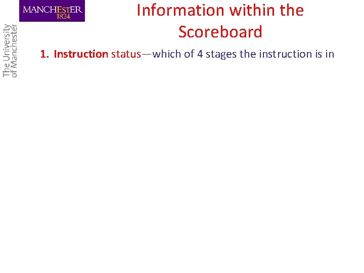 Information within the Scoreboard 1. Instruction status—which of 4 stages the instruction is in