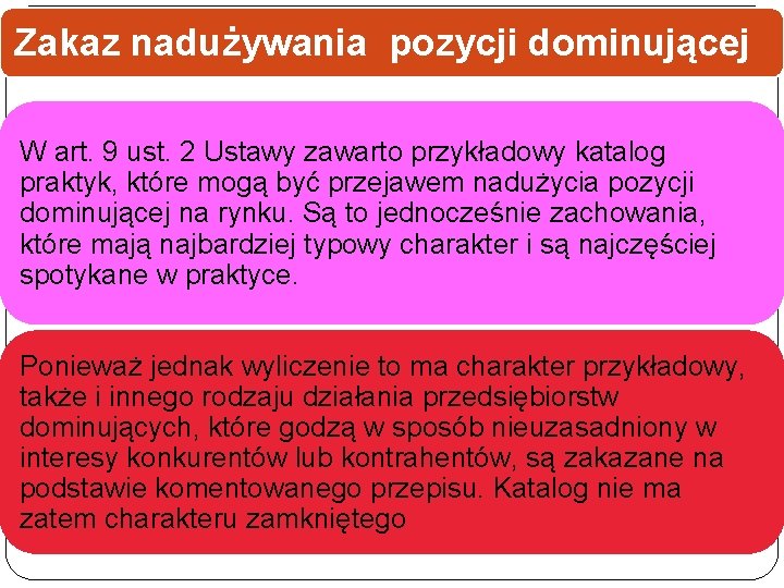 Zakaz nadużywania pozycji dominującej W art. 9 ust. 2 Ustawy zawarto przykładowy katalog praktyk,