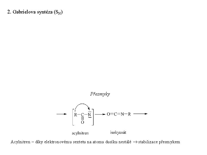 2. Gabrielova syntéza (SN) Přesmyky Acylnitren – díky elektronovému sextetu na atomu dusíku nestálé