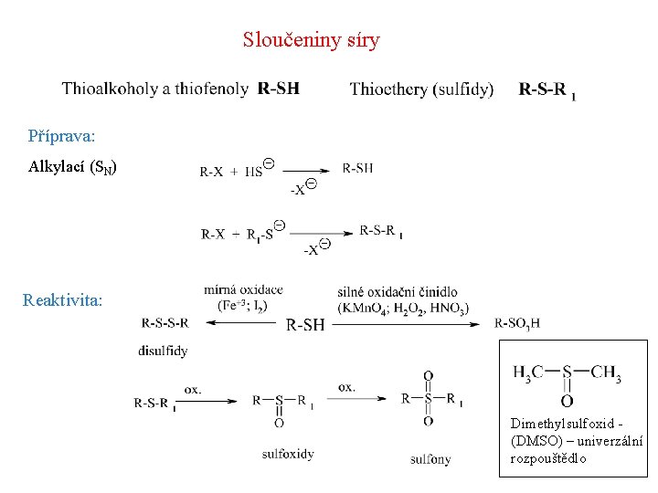 Sloučeniny síry Příprava: Alkylací (SN) Reaktivita: Dimethylsulfoxid (DMSO) – univerzální rozpouštědlo 