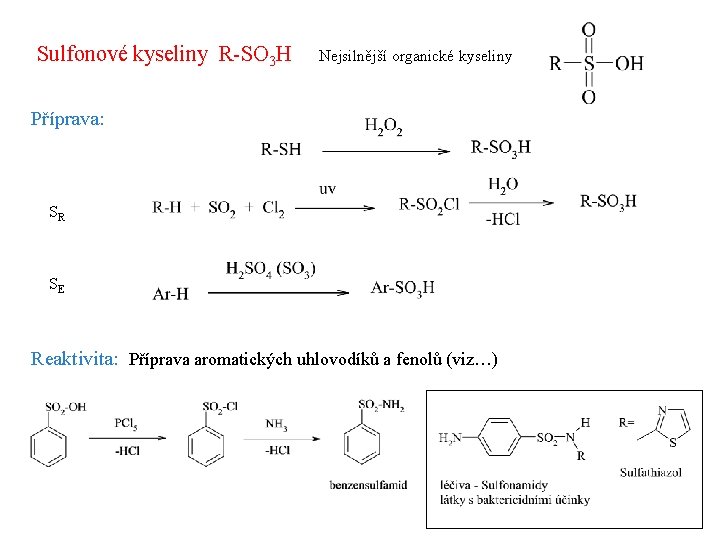 Sulfonové kyseliny R-SO 3 H Nejsilnější organické kyseliny Příprava: SR SE Reaktivita: Příprava aromatických