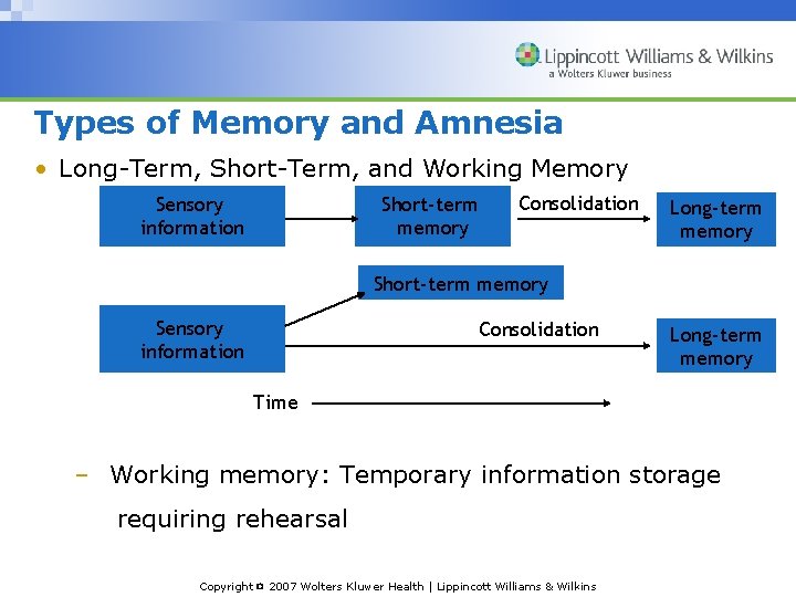 Types of Memory and Amnesia • Long-Term, Short-Term, and Working Memory Sensory information Short-term
