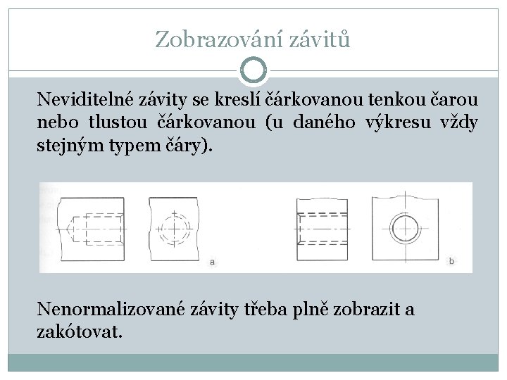 Zobrazování závitů Neviditelné závity se kreslí čárkovanou tenkou čarou nebo tlustou čárkovanou (u daného