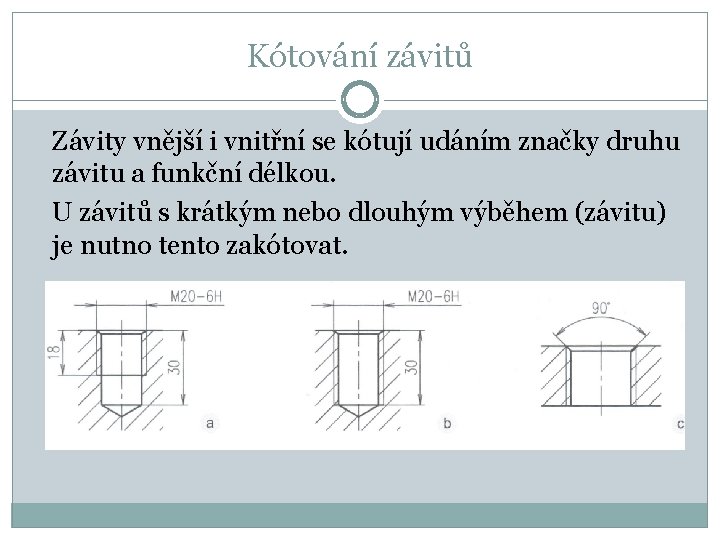 Kótování závitů Závity vnější i vnitřní se kótují udáním značky druhu závitu a funkční