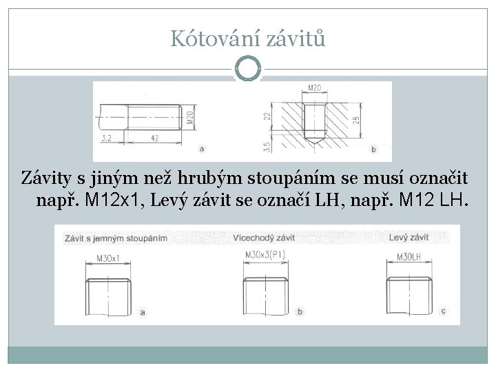 Kótování závitů Závity s jiným než hrubým stoupáním se musí označit např. M 12