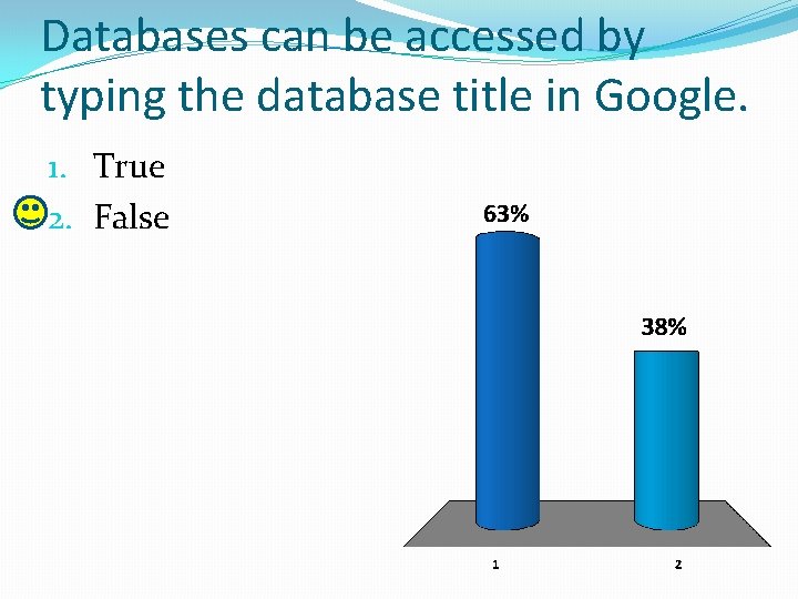 Databases can be accessed by typing the database title in Google. 1. True 2.