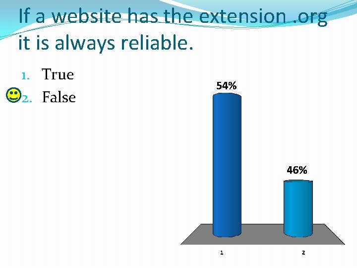 If a website has the extension. org it is always reliable. 1. True 2.
