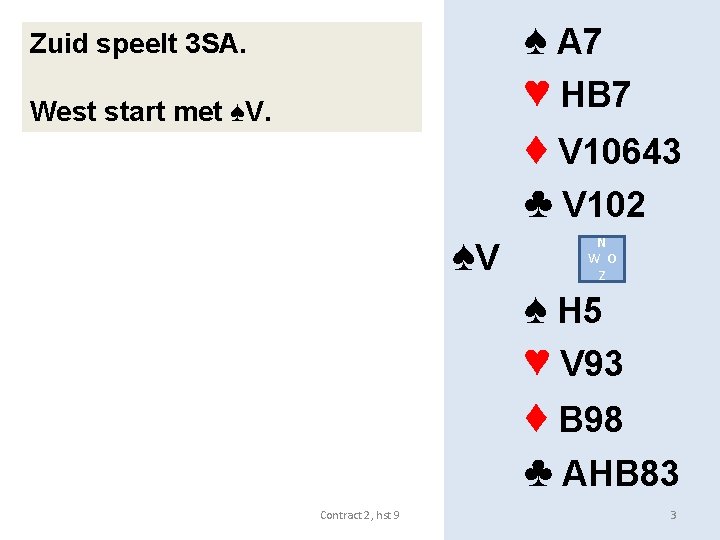 ♠ A 7 ♥ HB 7 Zuid speelt 3 SA. West start met ♠V.