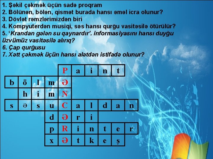 1. Şəkil çəkmək üçün sadə proqram 2. Bölünən, bölən, qismət burada hansı əməl icra