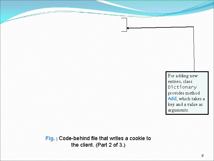 For adding new entries, class Dictionary provides method Add, which takes a key and
