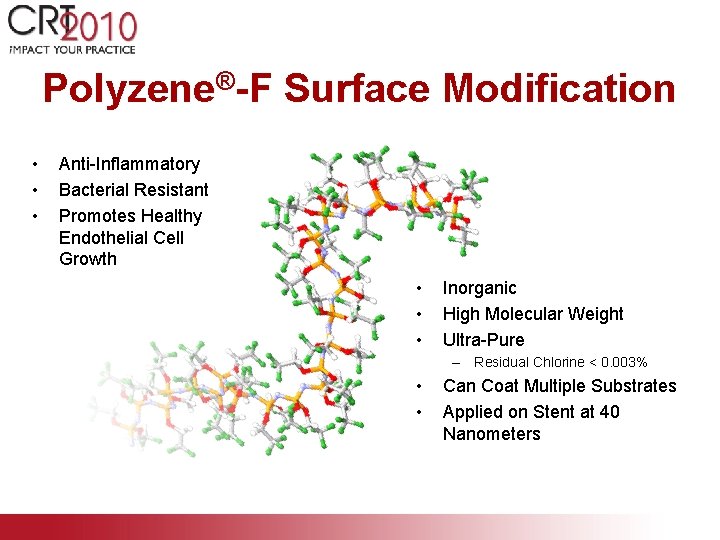 Polyzene®-F Surface Modification • • • Anti-Inflammatory Bacterial Resistant Promotes Healthy Endothelial Cell Growth