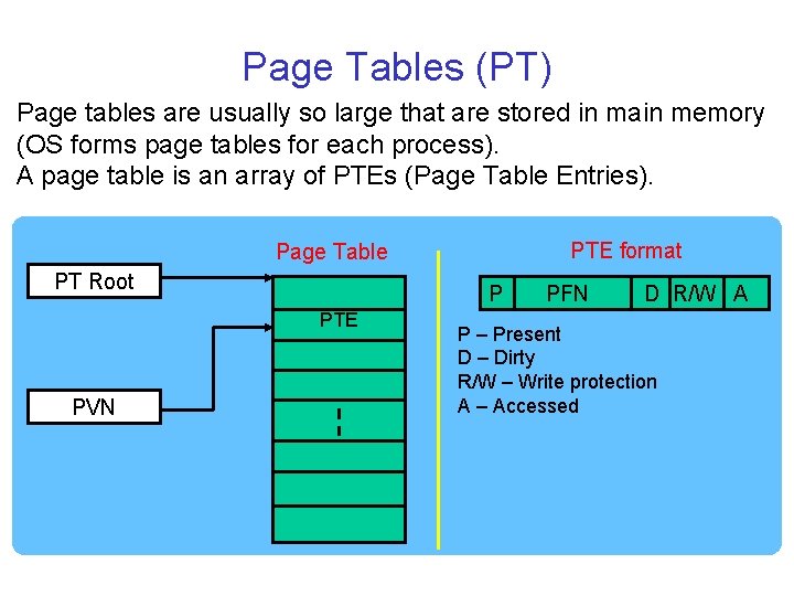 Page Tables (PT) Page tables are usually so large that are stored in main