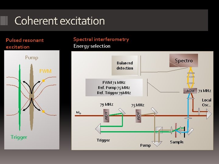 Coherent excitation Pulsed resonant excitation Spectral interferometry Energy selection Pump Spectro Balanced detection FWM