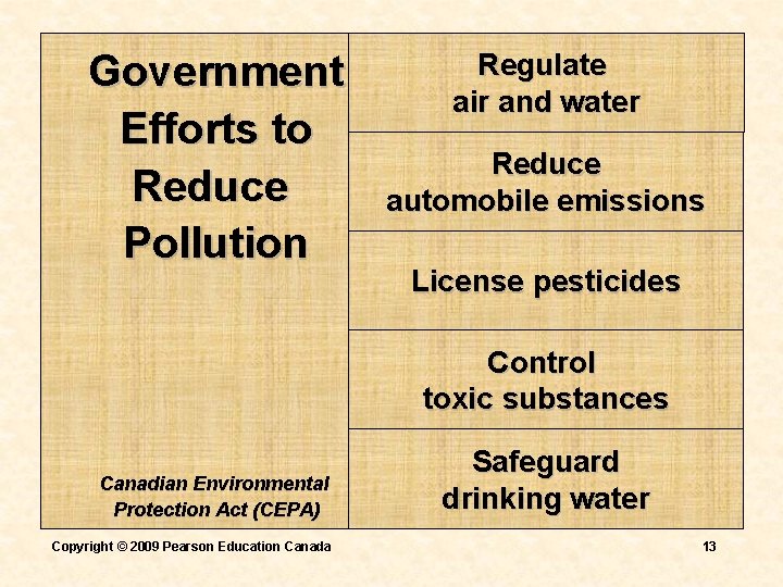 Government Efforts to Reduce Pollution Regulate air and water Reduce automobile emissions License pesticides