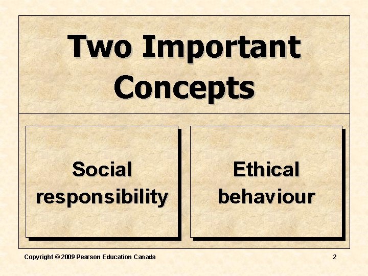 Two Important Concepts Social responsibility Copyright © 2009 Pearson Education Canada Ethical behaviour 2