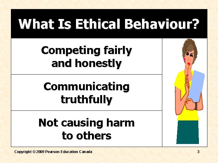 What Is Ethical Behaviour? Competing fairly and honestly Communicating truthfully Not causing harm to