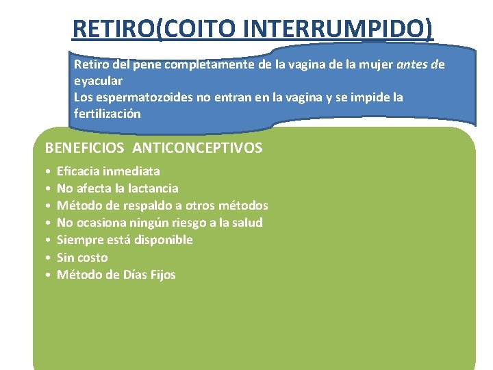 RETIRO(COITO INTERRUMPIDO) Retiro del pene completamente de la vagina de la mujer antes de