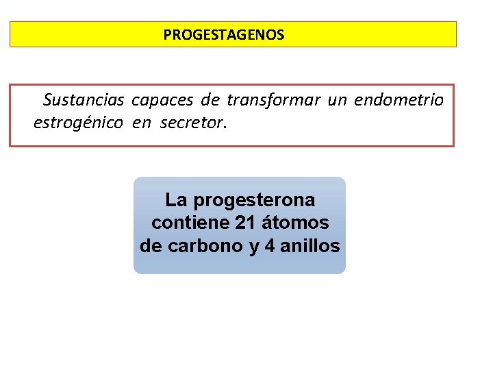 PROGESTAGENOS Sustancias capaces de transformar un endometrio estrogénico en secretor. La progesterona contiene 21