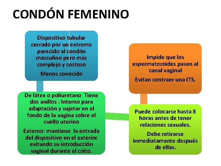 CONDÓN FEMENINO Dispositivo tubular cerrado por un extremo parecido al condón masculino pero más