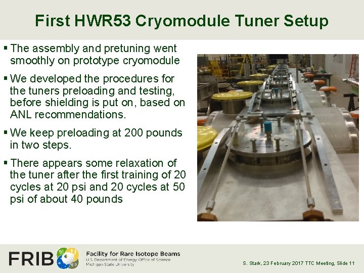 First HWR 53 Cryomodule Tuner Setup § The assembly and pretuning went smoothly on