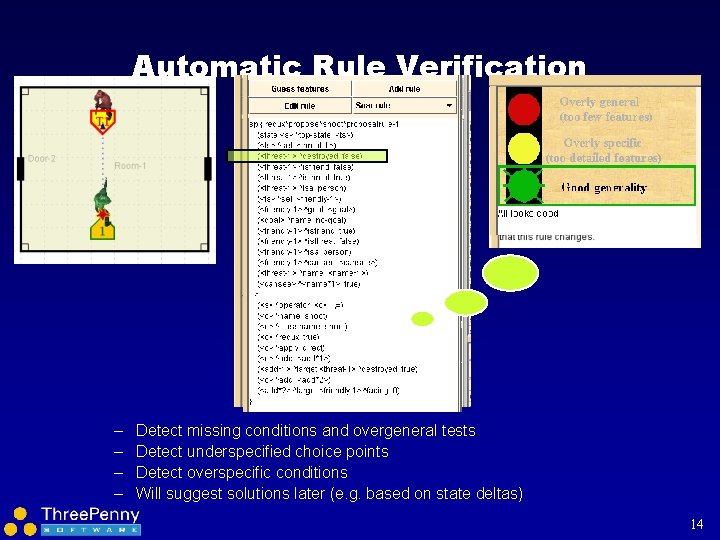 Automatic Rule Verification – – Detect missing conditions and overgeneral tests Detect underspecified choice