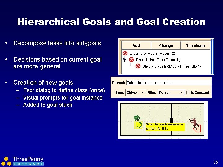 Hierarchical Goals and Goal Creation • Decompose tasks into subgoals • Decisions based on