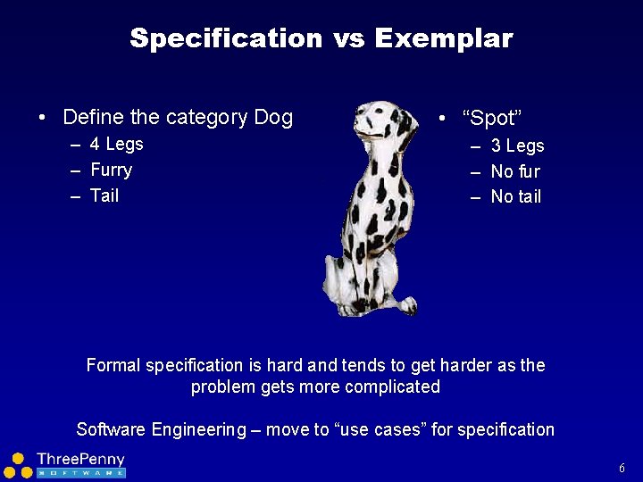 Specification vs Exemplar • Define the category Dog – 4 Legs – Furry –
