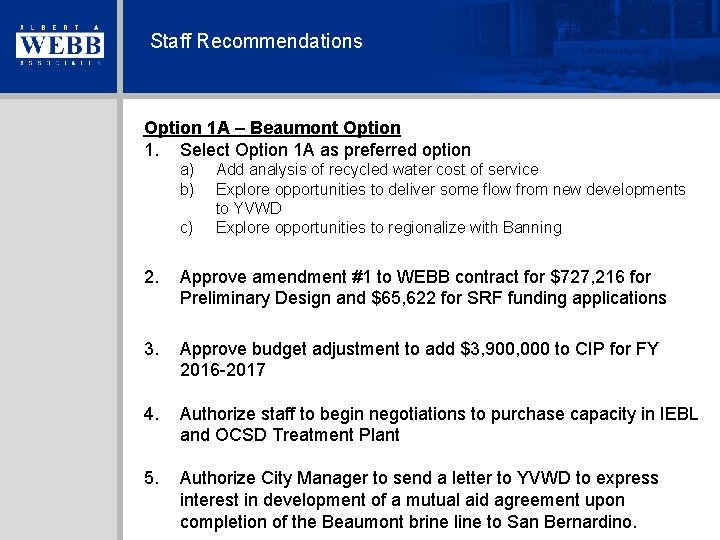 Staff Recommendations Option 1 A – Beaumont Option 1. Select Option 1 A as