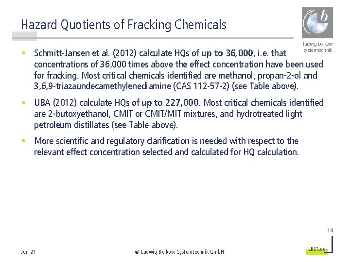 Hazard Quotients of Fracking Chemicals ludwig bölkow systemtechnik § Schmitt-Jansen et al. (2012) calculate